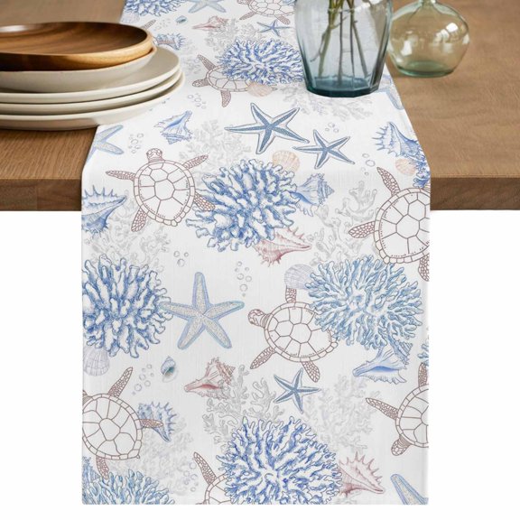 Blue Coastal Table Runner 72 Inches, Summer Beach Ocean Coral Sea Turtle Starfish Bed Runner Dresser Scarves Tabletop for Indoor Outdoor Parties/Ceremony/Banquet, 18" x 72"