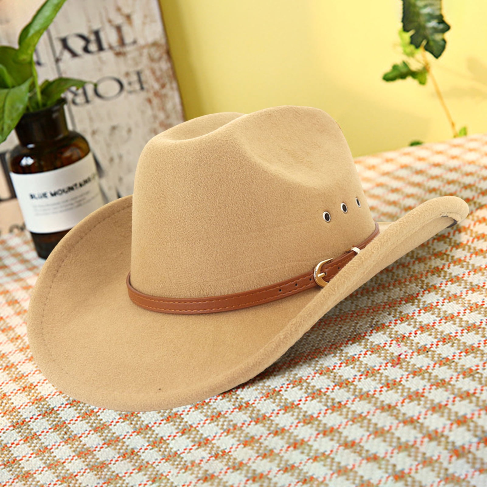 rygai Ethnic Style Wide Brim Hemming Faux Leather Belt Decor Jazz Hat Western Cowboy Cowgirl Fedora Hat Fashion Accessories,Khaki