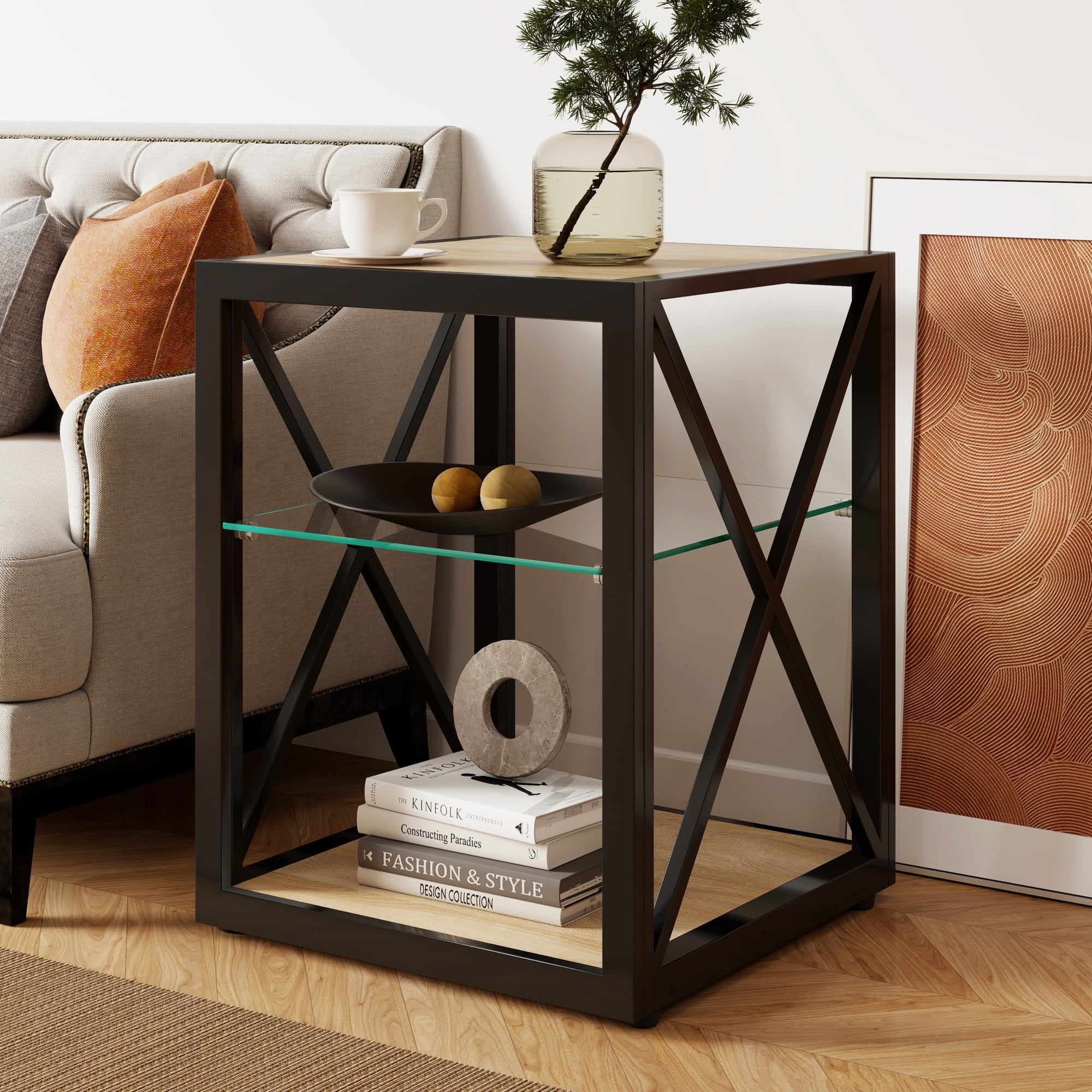 Leumius Modern End Table Nightstand for Living Room, 2-Tier Side Table Bedside Table for Living Room,Natural