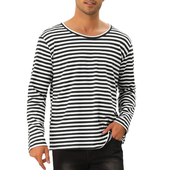 INSPIRE CHIC Striped T-Shirt for Men's Casual Crew Neck Long Sleeves Basic Tee Tops M Black White