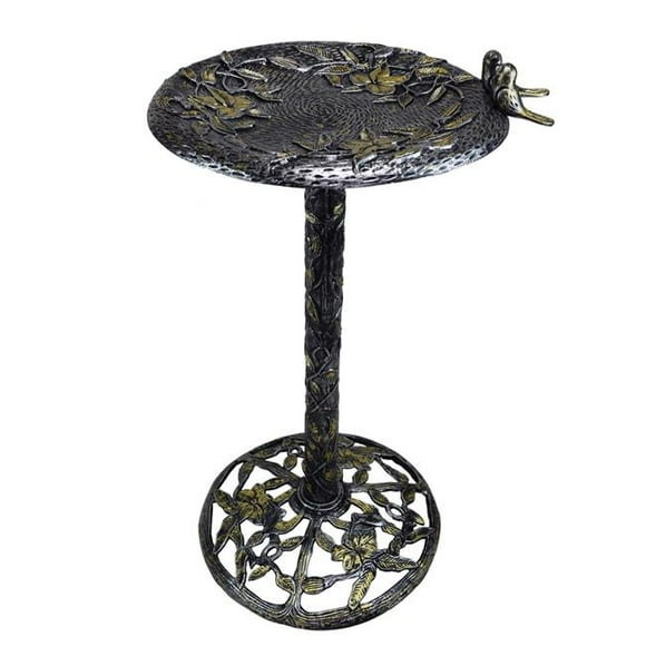 34 in. Handmade Solid Heavy Tall Black & Gold Cast Aluminum High Quality Metal Bird Bath with Twin Singing Birds, Antique Silver