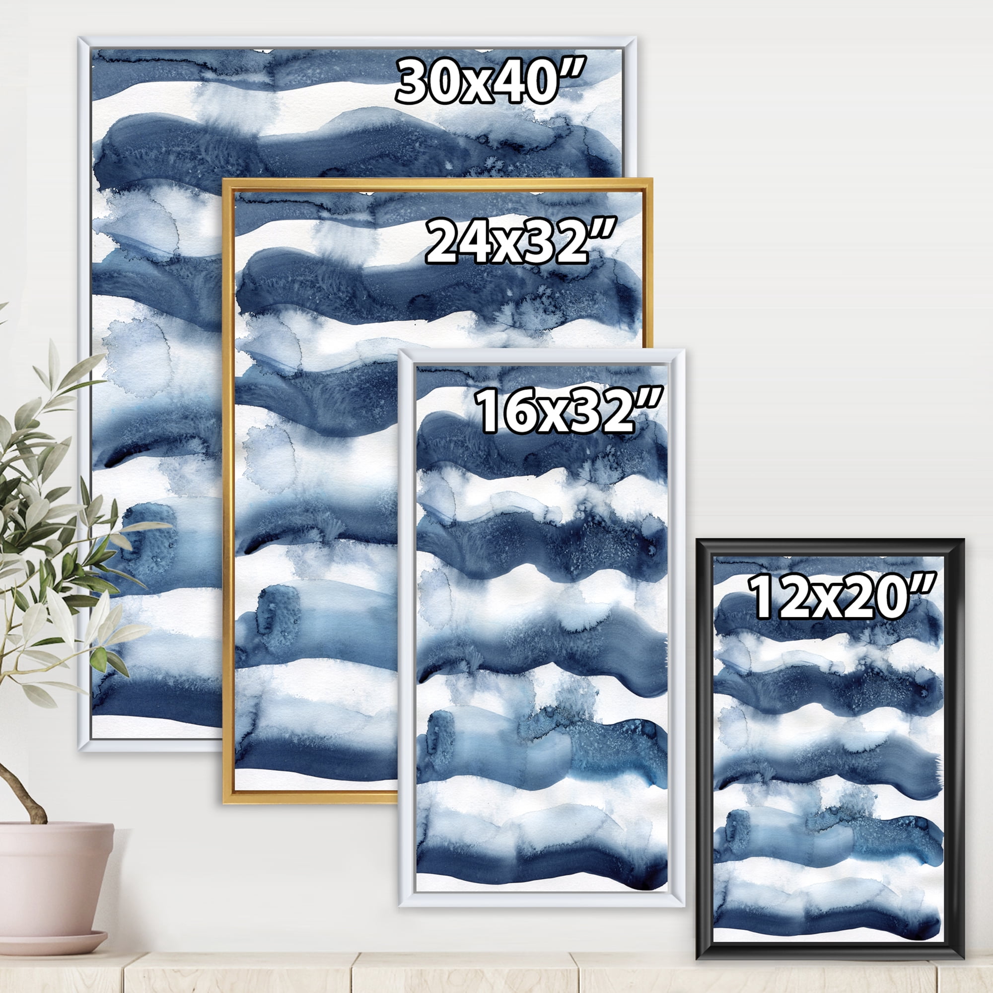 Abstract Blue Classic Waves 24 in x 32 in Framed Painting Canvas Art Print, by Designart