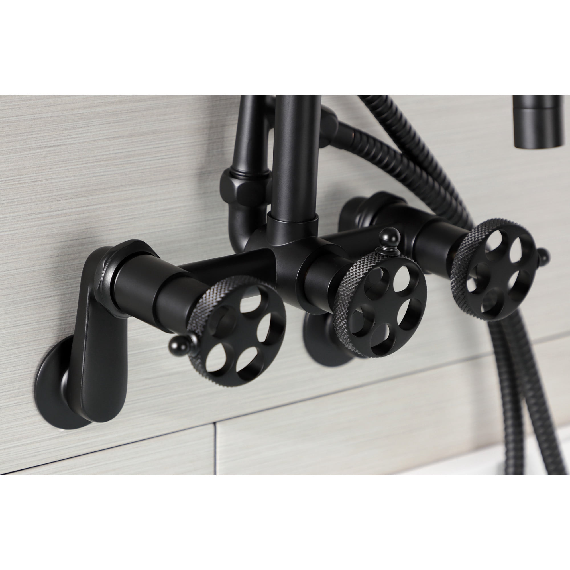 Kingston Brass AE8450RKX Webb 7-Inch Adjustable Wall Mount Clawfoot Tub Faucet with Knurled Handle and Hand Shower, Matte Black
