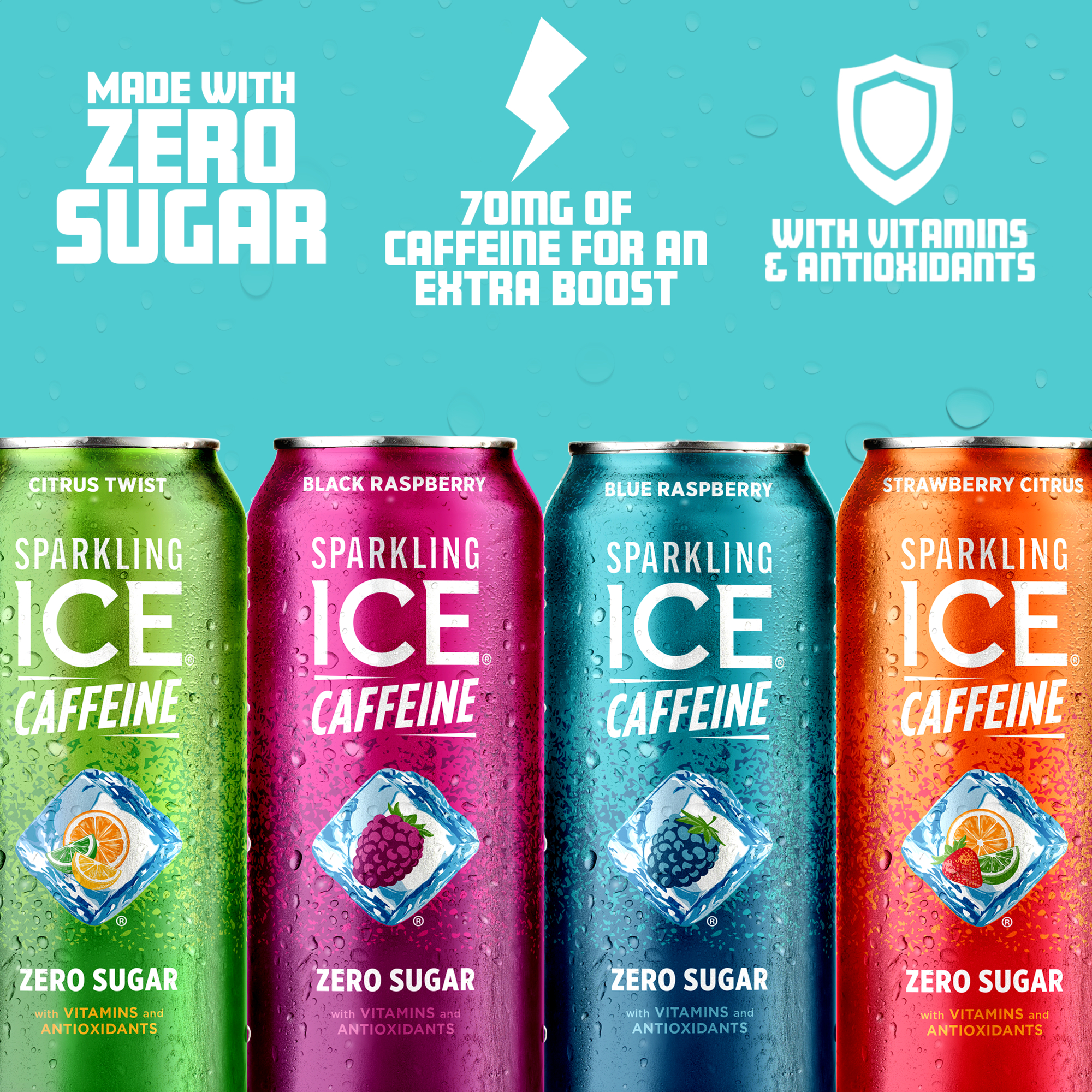 Sparkling Ice Caffeine, Variety 12 PK: Black Raspberry/Blue Raspberry/Strawberry Citrus/Citrus Twist, 16oz