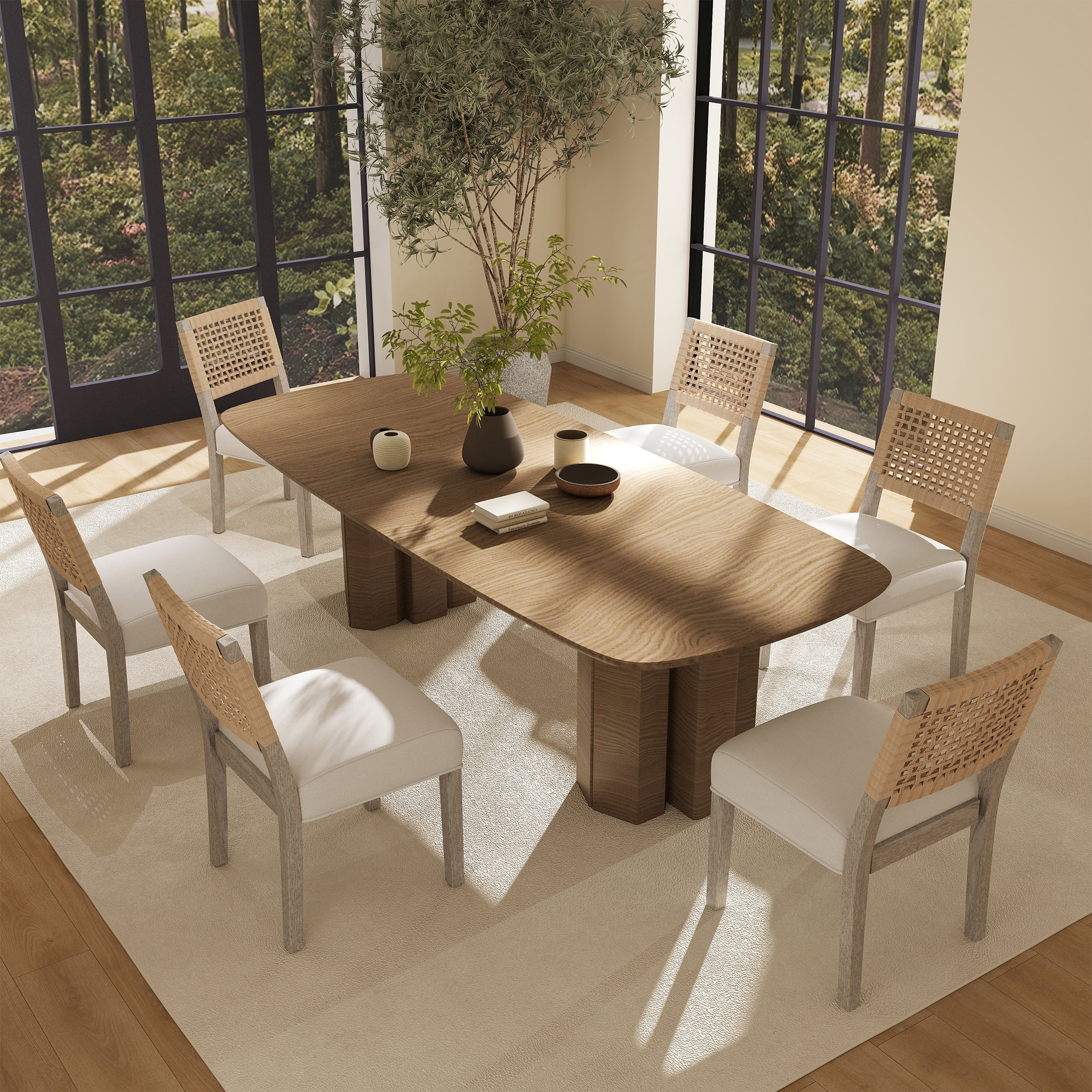 Guyou Farmhouse Dining Chairs Set of 2, Linen Upholstered Kitchen Chairs with Woven Rope Backrest, Mid Century Modern Solid Wood Side Chairs for Kitchen Dining Room, Ivory