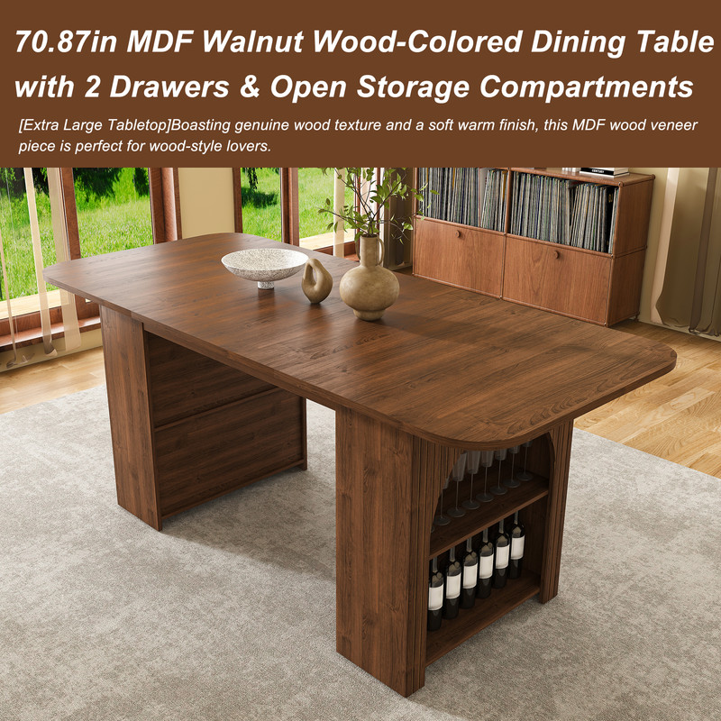 70.87-in Long Mid-Century Modern Dining Table for 4-6, MDF Wooden Kitchen Lunch Table with Drawers & Open Storage Shelf