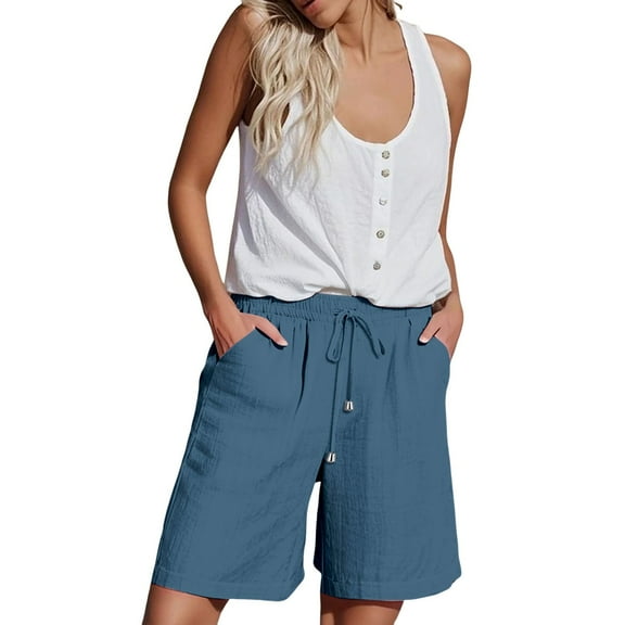 Blue Woman Pants Clearance Womens Casual Solid Side Pockets Pants Shorts Elastic Waist Pockets Daily Mid Long Shorts Pants for Women