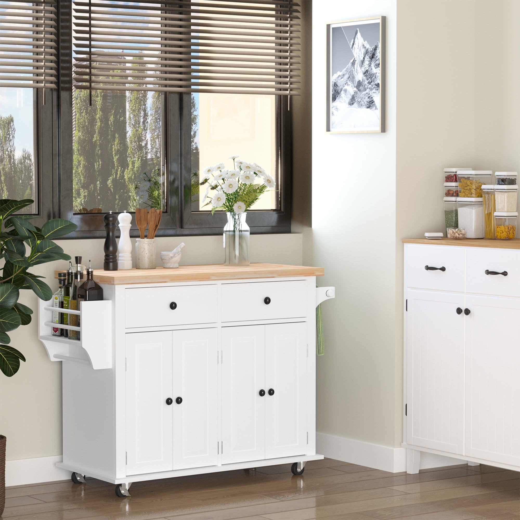 Kitchen Islands HOMCOM Kitchen Island on Wheels, Rolling Cart with Rubberwood Top, Spice Rack, Towel Rack and Drawers for Dining Room, White,Wooden Kitchen Islands