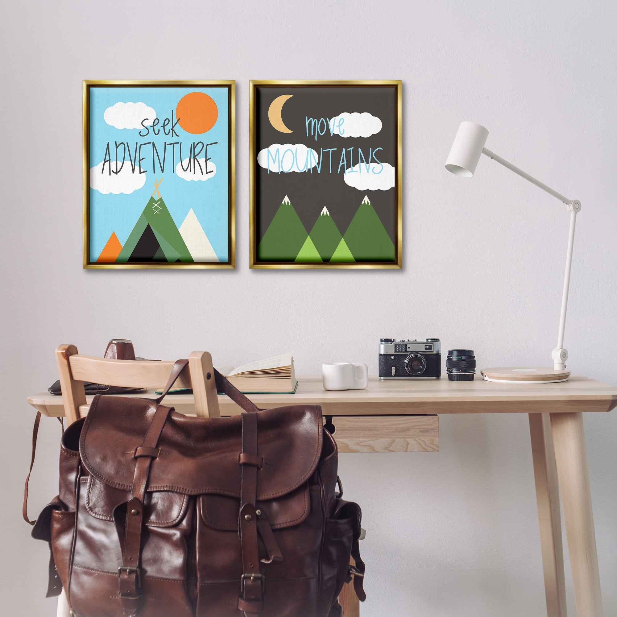 Stupell Industries Seek Adventure Move Mountains Text & Numbers Painting Gold Floater Framed Canvas Art Print Wall Art, 17 x 21, Set of 2
