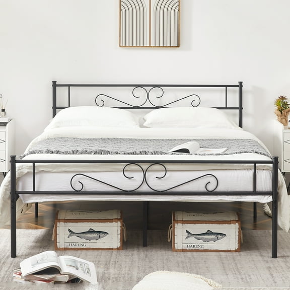 VECELO Queen Size Metal Platform Bed Frame with Headboard and Footboard, No Box Spring Needed/Strong Slat Support, Under Bed Storage, Black
