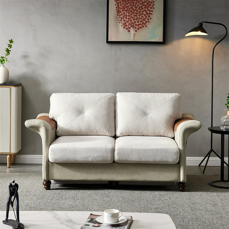 Living Room Arm Sofa Modern Loveseat Couch with Plus Saddle Shape Armrest Linen Fabric Faux Leather Accent Sofa with Solid Wood Legs 2 Seater Small
