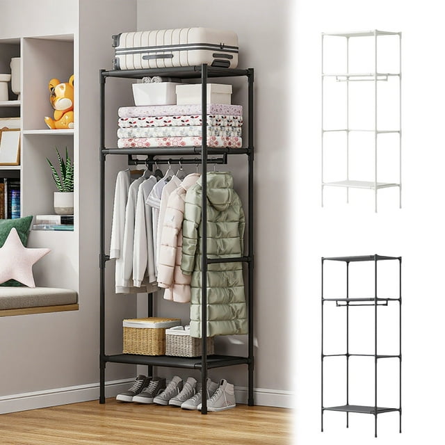 Fufafayo under $5 Coat Rack Freestanding, Closet Organizer Hall Tree, 2 Storage Shelves Corner Unit, Entryway Bedroom Clothing Storage Solution