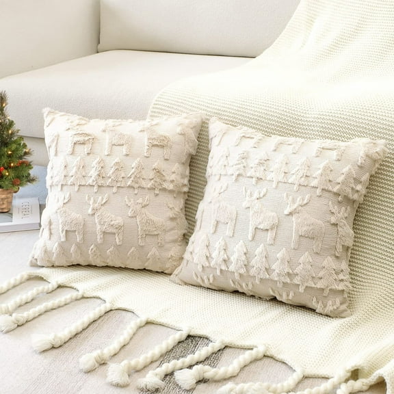 TOPRenddon Christmas Pillow Covers 18x18in Christmas Decorations Soft Plush Faux Fur Christmas Reindeer Tree Throw Pillow Cover Embroidered Throw Pillow Covers Winter Holiday for Sofa Living Room