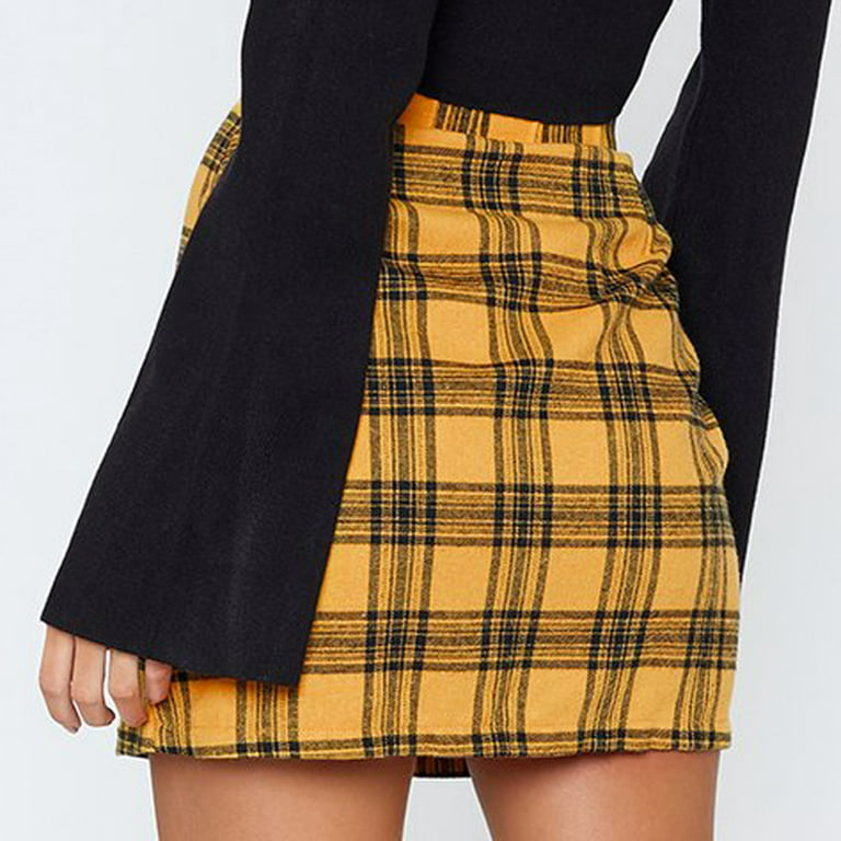 Women up Mini Skirt Zip Skirt Waisted High Short XL Ruziyoog Bodycon Party for Pencil Plaid Front Slim Hip Yellow Skirt