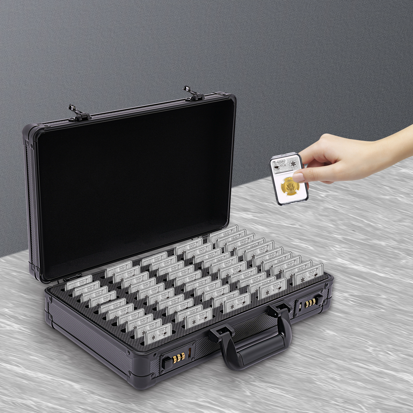 Classic Aluminum Frame Coin Slab Case Coin Slab Holder Display Case Coin Collection Supplies with Handle and Push Coded Locks Storage Box Case Compartments for 50 Coin Slabs