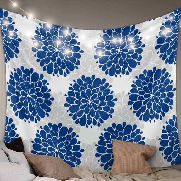 Dahlia Flower Large Tapestry for Bedroom Wall Hanging Tapestry, Farmhouse Botanical Blue Grey Floral Ceiling Backdrop Tapestries Poster Blanket Wall Decor for Teens Room Living Room Dorm 100" x 59"