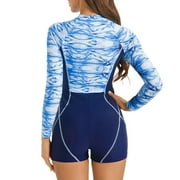 OBEEII Women Long Sleeve Boyleg Full Body Swimwears Fashion Printed Swimming Suits Plus Size Swimsuits UPF50+ Athletic Wetsuit, Blue Size XL
