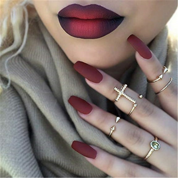 24pz Press On False Nails Fake Nail Salon Full Cover Design for Women Girls Beauty Coffin Matte Wine Red