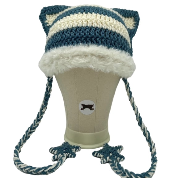 RYUJNDK Crochet Stripe Pattern Cat Ear Hat with Dangle Star Tassels Winter Knitted Hat Cold Winter Presents for Students Teens