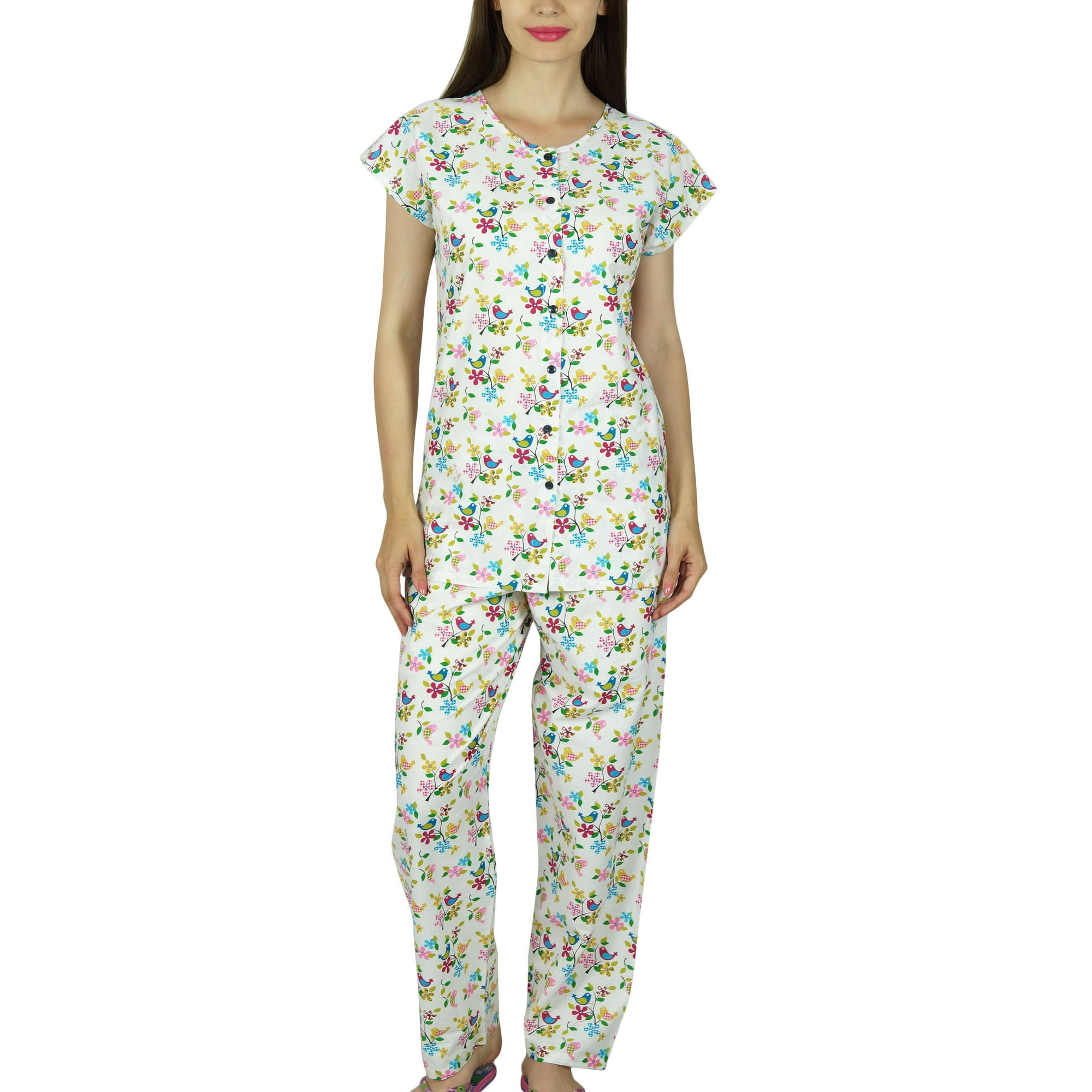 Bimba Women White Cotton Night Wear Pajama Set Cap Sleeve Shirt With Pyjamas Off White