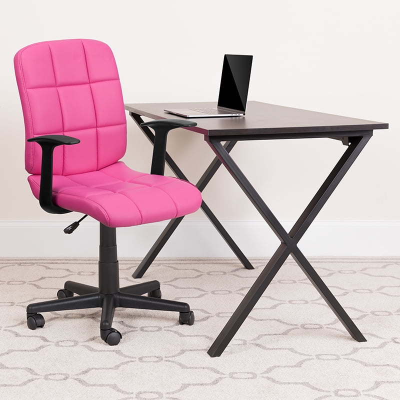 MidBack Pink Quilted Vinyl Swivel Task Office Chair with Arms