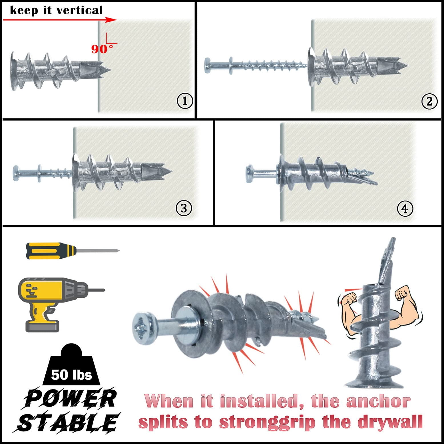 Bear Claw Double Headed Screw & #8 Self Drilling Drywall Anchors, Picture Hangers kit- 25 Bear Claw Screws, 25 Self-Tapping Drywall Anchors (25, Silver)