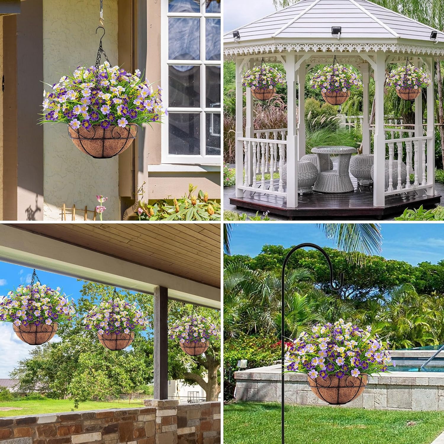 Artificial Hanging Flowers with Basket, Faux Silk Flowers in Coconut Lining Basket, Fake Hanging Plants for Outdoors Indoors Garden Patio Yard Porch Lawn, Purple