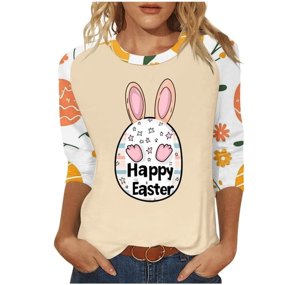 Easter Day Shirts Women Bunny Eggs Leopard Printed T-Shirt 3/4 Sleeve Tees Summer Tops