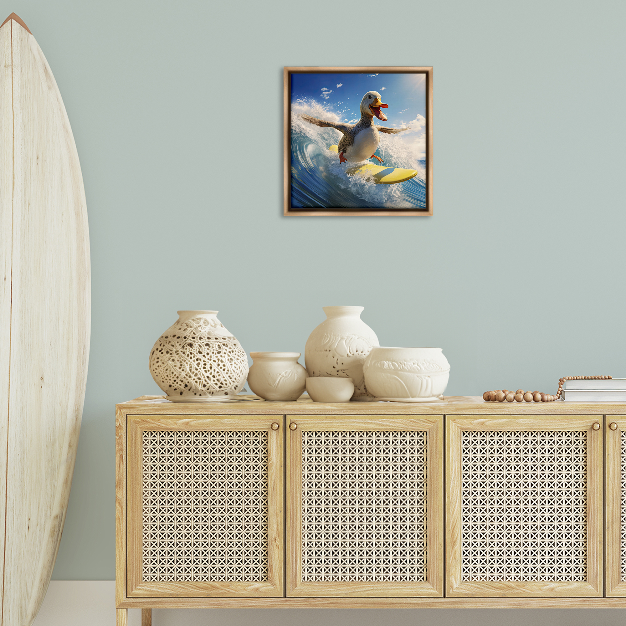 Stupell Industries Happy Surfing Duck Coastal Painting Brown Floater Framed Canvas Art Print Wall Art, 18 x 18