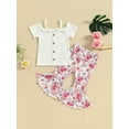 thumbnail image 2 of CIYCuIT Toddler Little Girls Summer 2Pcs Outfits Short Sleeve Cold Shoulder Button Ribbed Tops + Flower Print Flare Pants 12M-5T Kids Sweet Casual Long Pants Sets, 2 of 9