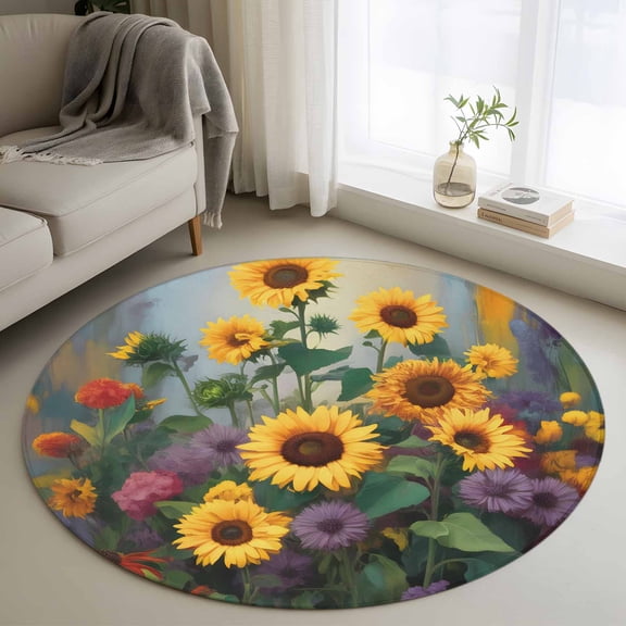 Sunflower Round Area Rug 3.3Ft Washable Circle Rugs for Dining Room Table, Modern Oil Painting Summer Botanical Floral Non-Slip Carpet Floor Mats Indoor Outdoor Carpet Runner Aesthetic Home Decor