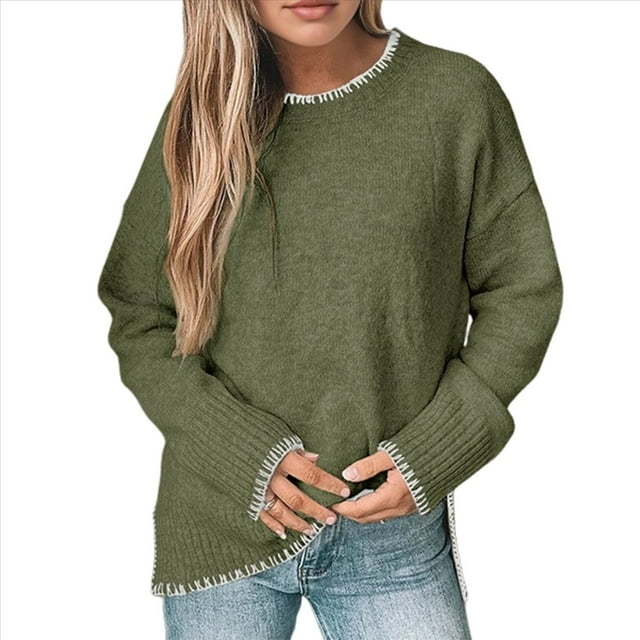 Suéter de Cuello Redondo para Mujer, Larga, Tejido con Abertura Lateral, Otoño/Invierno 2025. Verde L