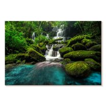 Elephant Stock Forest Waterfall Scene Wall Art - Horizontal Canvas Wall Art - Living Room Wall Decor - Nature Canvas - Teal And Gray Decor - 45" x 30"
