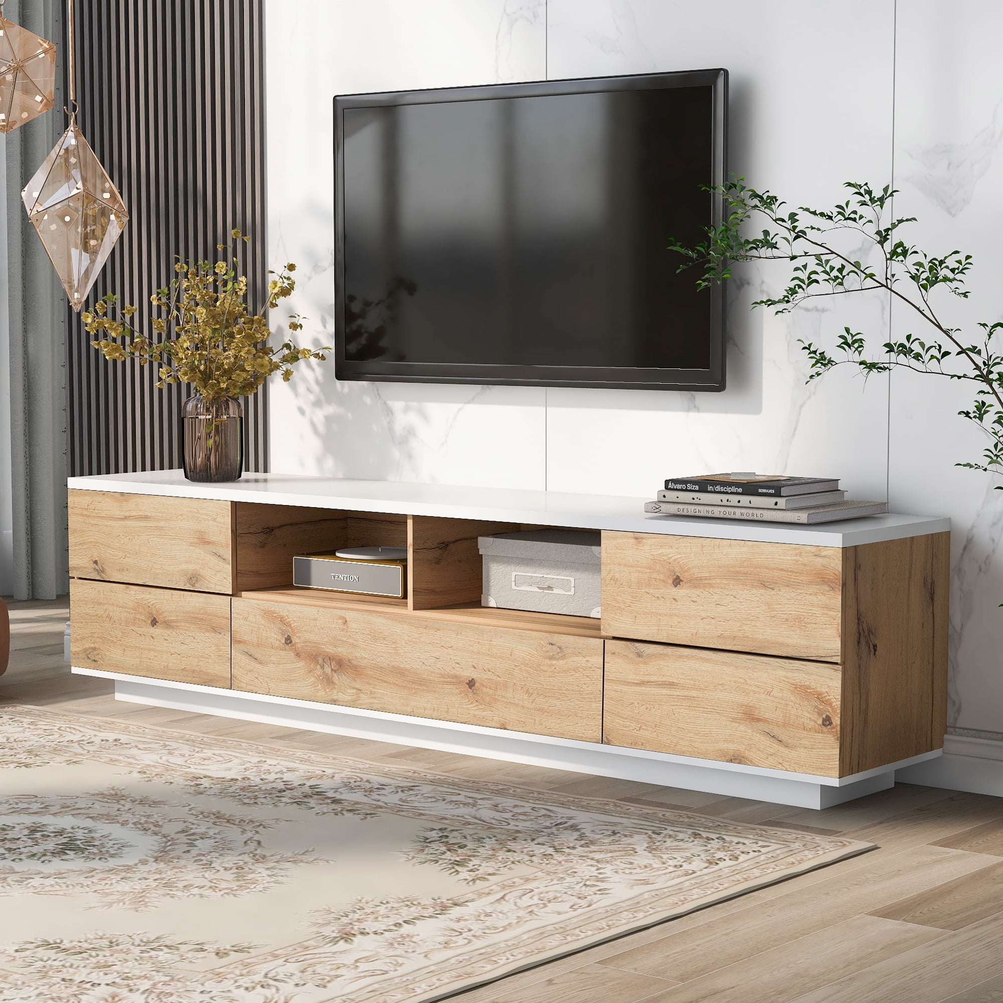 Euroco Modern TV Stand for TVs Up to 80” – Media Console with Concealed Storage, Door Rebound System, and Sleek Minimalist Design