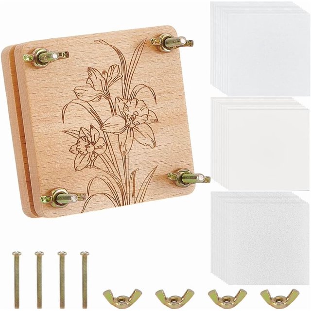 Kit de prensa de flores, kit de prensado de plantas de hojas de madera de 8 capas con herramientas, pequeña prensa botánica para manualidades florales, 2,99 x 2,97 x 0,33 pulgadas