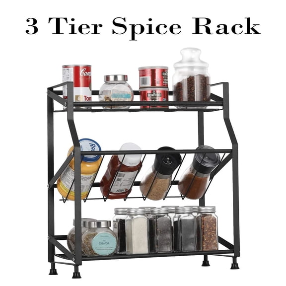 3 Tier Spice Rack Organizer, Metal Countertop Organizer, Kitchen Spice Shelf for Cabinet, Pantry, Bathroom, Coffee Station Black