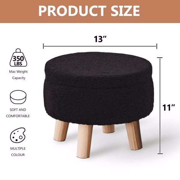 Storage Ottoman, Modern Round Footrest with Soft Padded Seat, Teddy Velvet Footstool with Wood Legs, Accent Small Table or Plant Stand for Hallway, Living Room (Black)