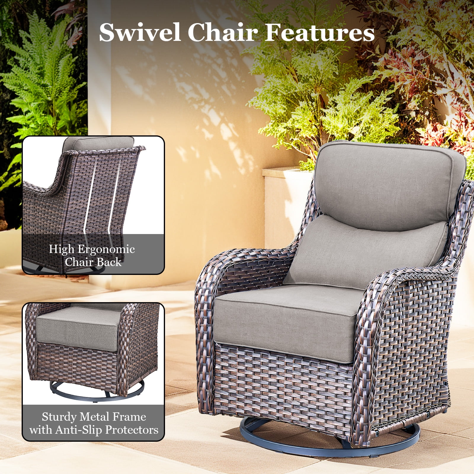 Planntonneo 5pcs Patio Furniture Set with Fire Pit Table, 4pcs Outdoor Wicker Swivel Chairs with 30" Propane Fire Table Square, 6inch Thickened Grey Cushions