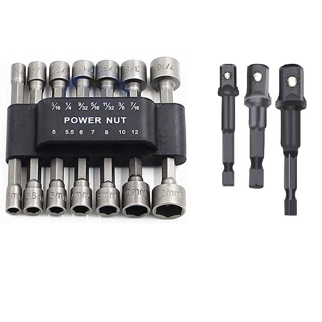 PANOVOS 17pc Power Nuts Driver Drill Bit Tools Set Metric Socket Wrench Screw 1/4'' Driver Hex shank/Impact Socket Adapters Set