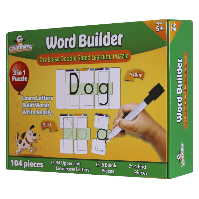Channie's Word Builder Puzzle - Spelling & Handwriting Practice For Kids, 104 Dry-Erase Pieces, Kindergarten & Elementary Learning Toy