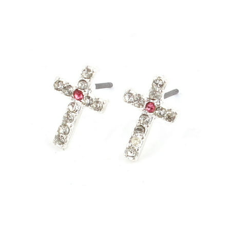 Women Rhinestone Detail Pink Cross Style Ear Pins Earbob Stud Earrings Pair