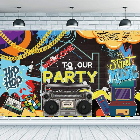 Hip Hop Graffiti Theme Backdro 5.9x3.6ft Colorful Brick Wall Photography Backdrops Hanging Banner Music Rock Punk Party Decoration Studio Props with Word Welcome to Our Party Colorful DIY