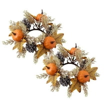 2PCS Fall Candle Rings Wreath Set - Pumpkins, Maple Leaves & Sunflower Design, Mini Thanksgiving Candle Holder for Wedding, Door & Tabletop Decoration