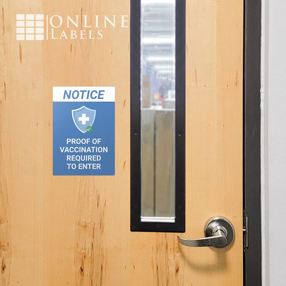 Proof of Vaccination Required to Enter Window Sticker - Pack of 10 Decals - Blue Design - 10 x 7 Inch Rectangle - Indoor Only - Removable Adhesive Vinyl - Online Labels