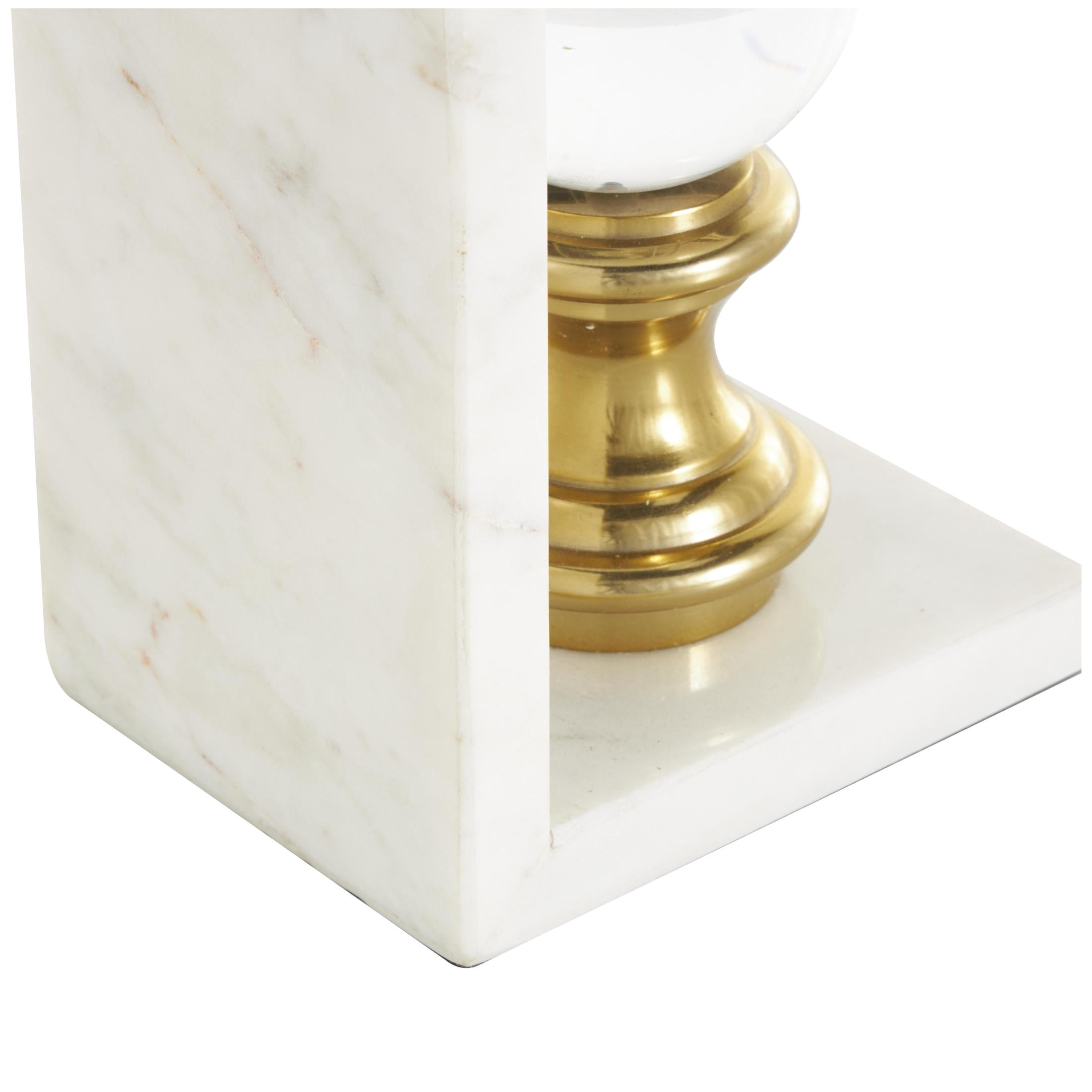DecMode 5" White Marble Bookends with Glass Orbs and Gold Accents (Set of 2)