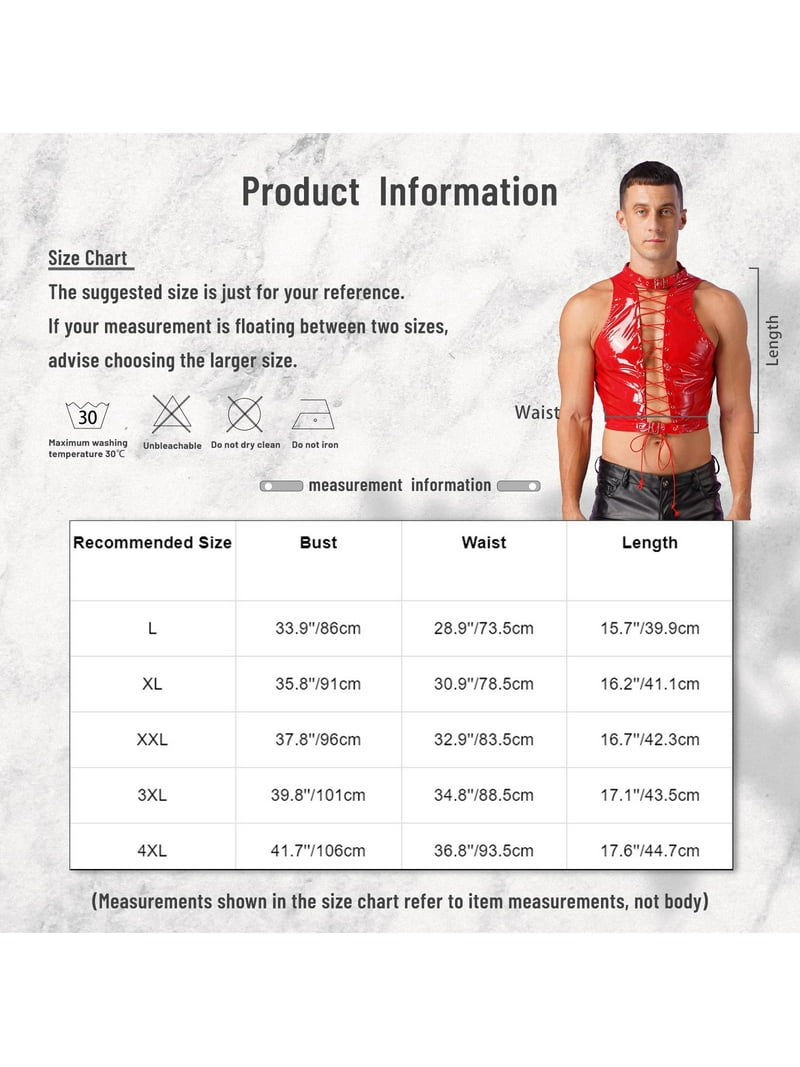Yeahdor Mens Sleeveless Lace-Up Crop Top Wet Look Patent