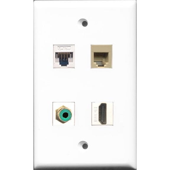 RiteAV 1 Port HDMI and 1 Port RCA Green and 1 Port Phone RJ11 RJ12 Beige and 1 Port Cat5e Ethernet White Wall Plate