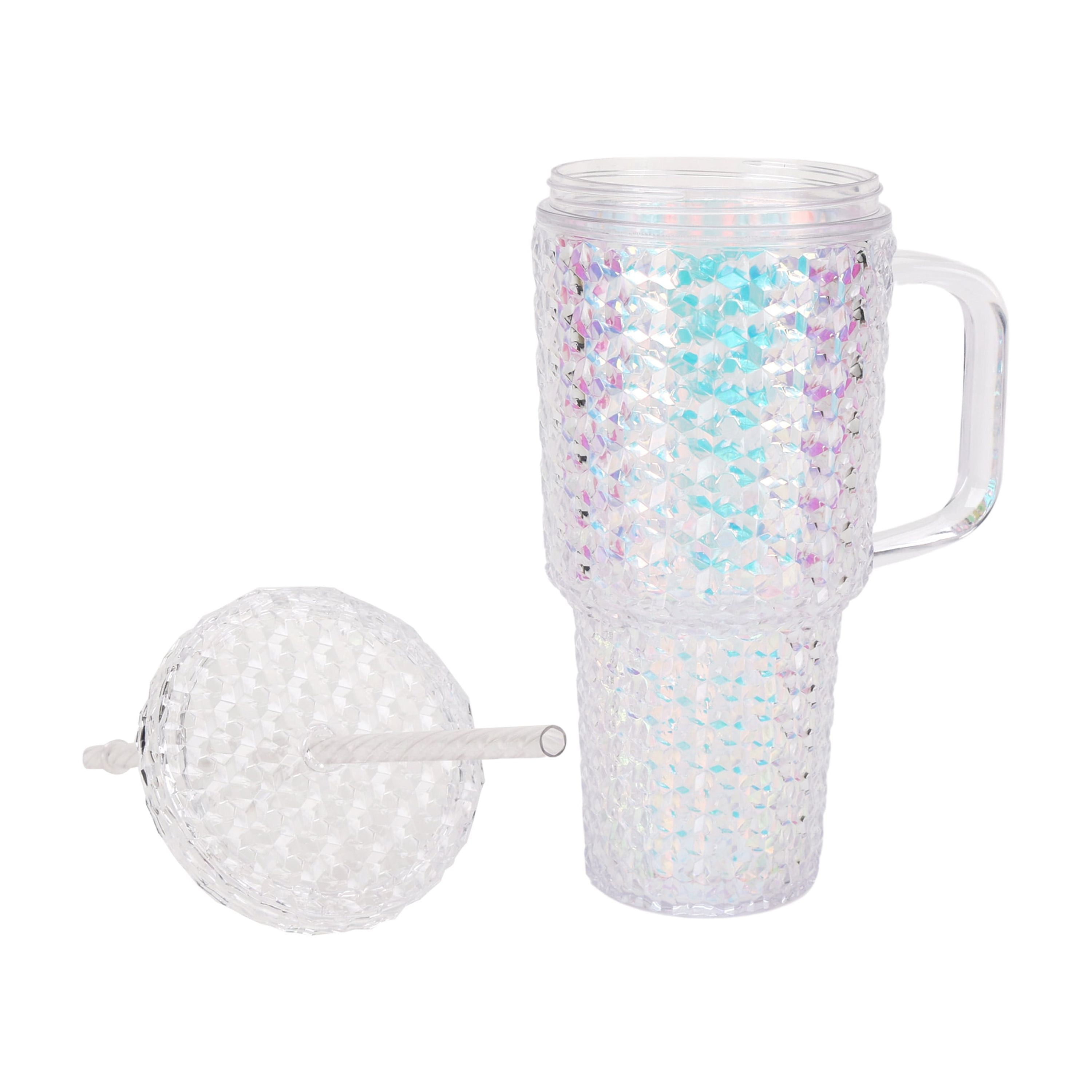 Holiday Time 30 oz Plastic Double Wall Insulated Prismatic Textured Tumbler with Straw and Handle, White Iridecent