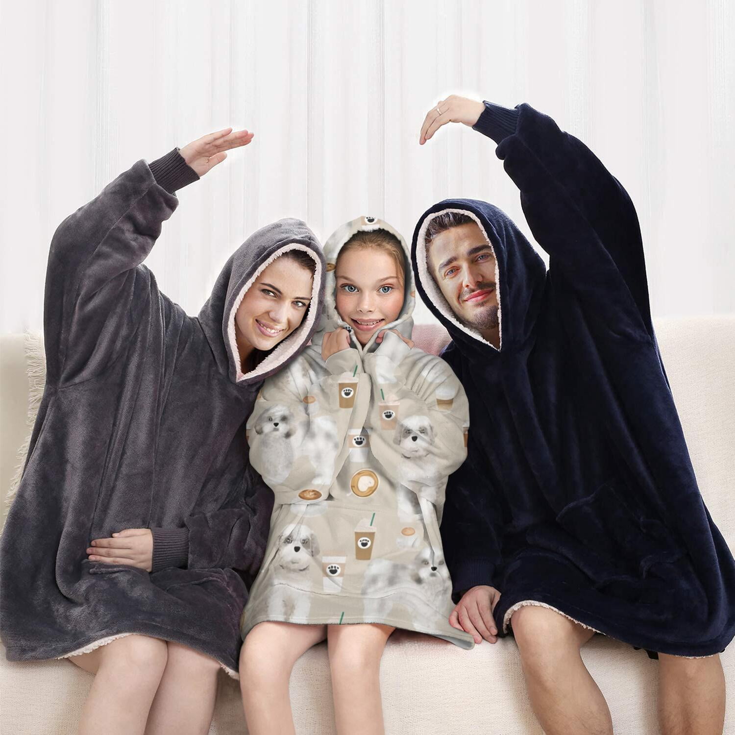 Cute Shih Tzu Dog and Coffee Pattern Blanket Hoodies for Kids 6-13YR Oversize Wearable Blanket Hoodies for Boys Girls Teens