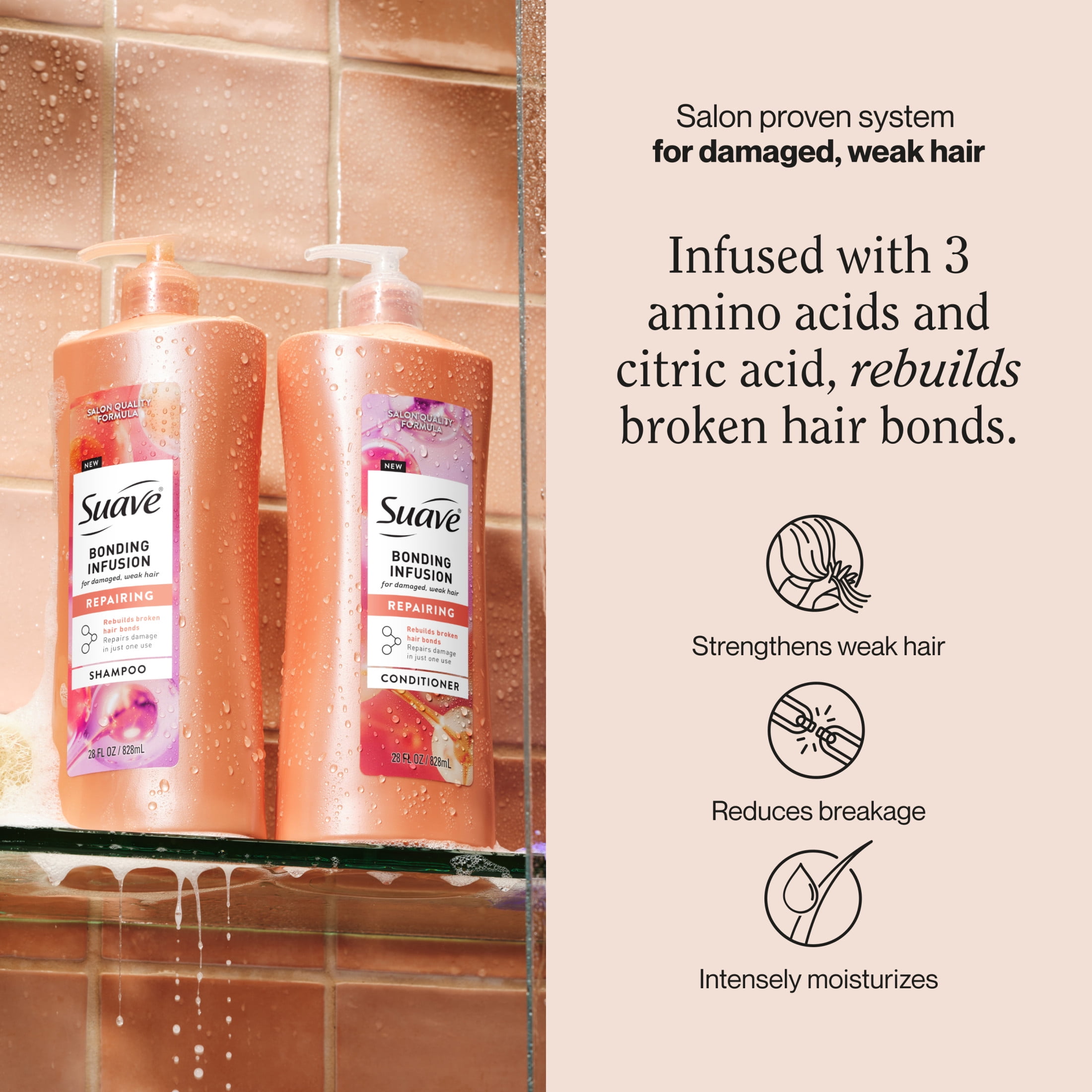 (2 pack) Suave Bonding Infusion Repairing Shampoo, with Bonding Complex, for Damaged Hair, 28 fl oz with Pump